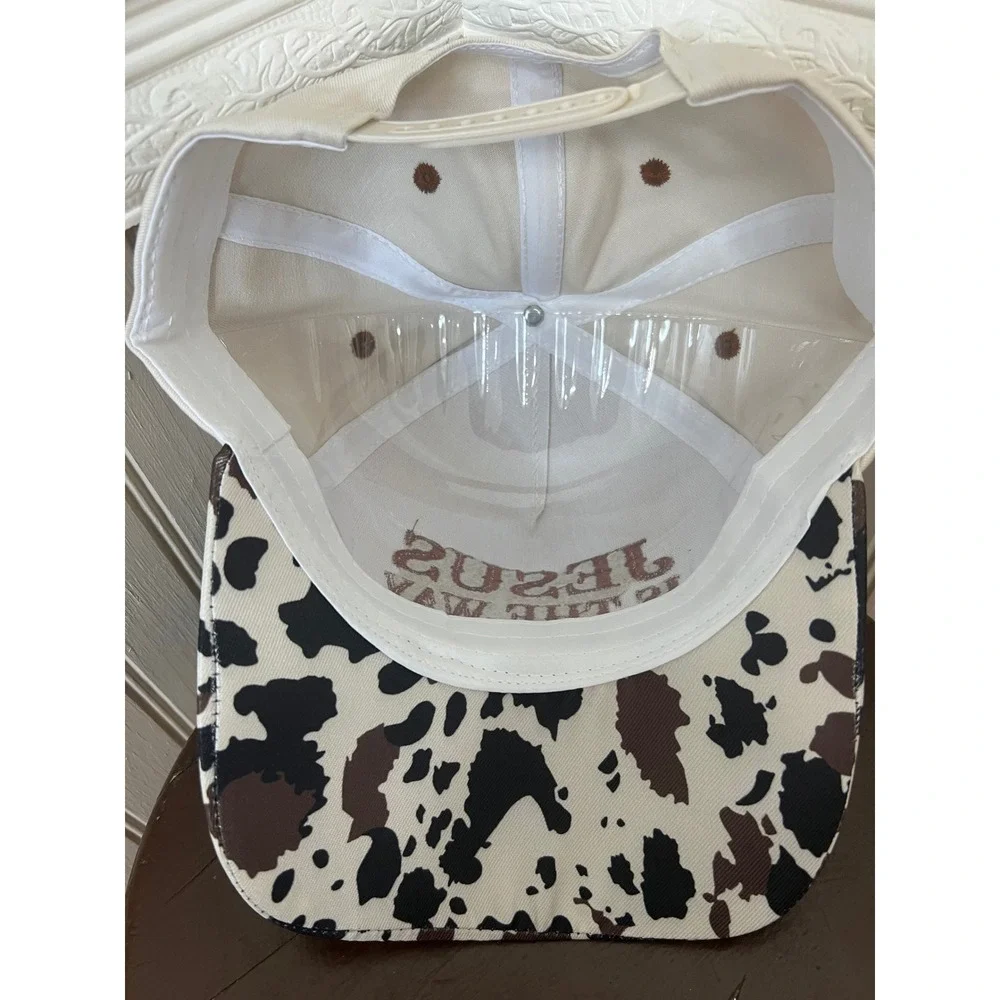 Jesus Is The Way Trucker Hat Cow Print Brim Cream Snapback Baseball Cap
